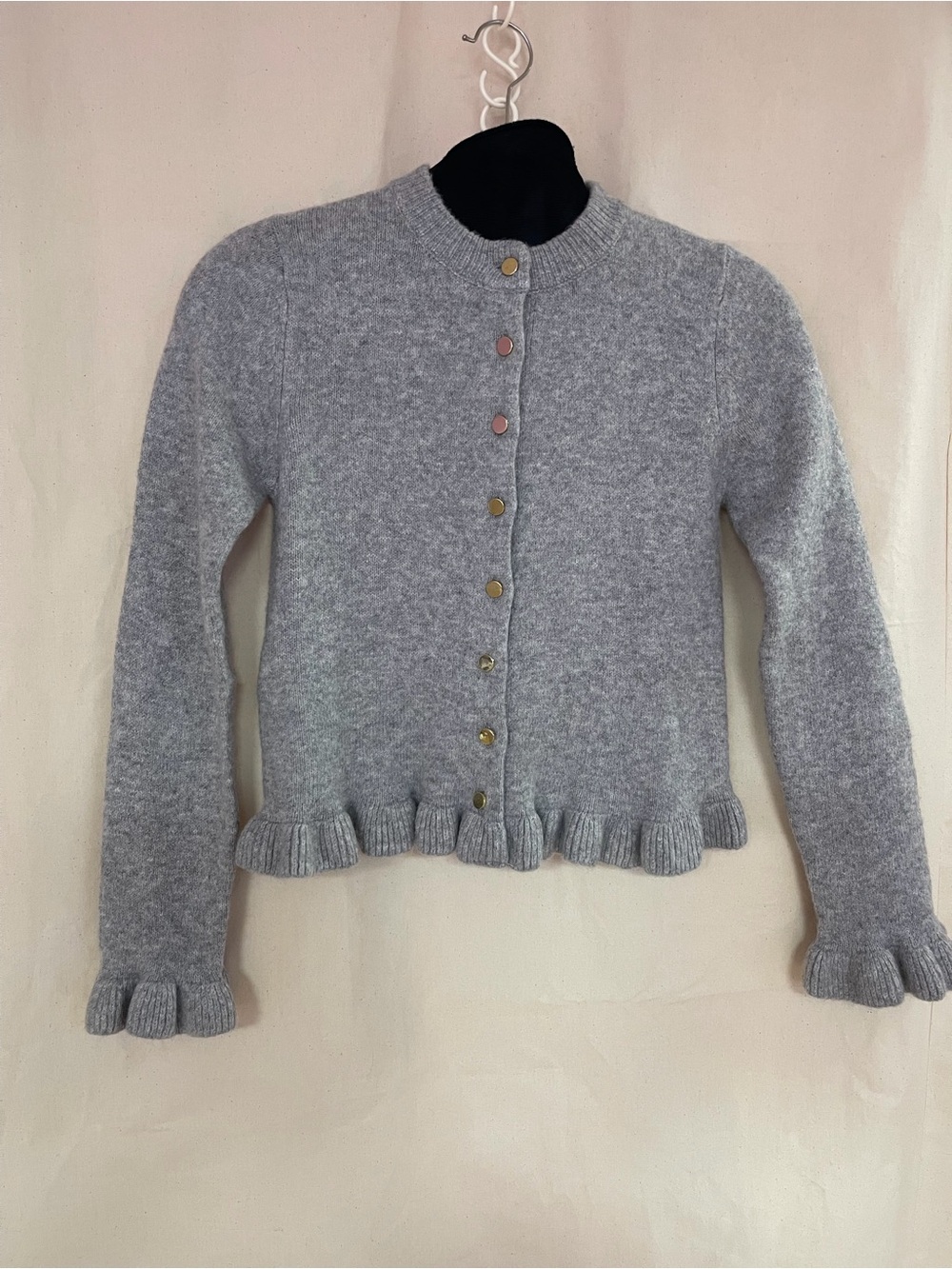 Mango Gray Ruffle-Hem Button Cardigan with Gold Buttons - Picture 2 of 8